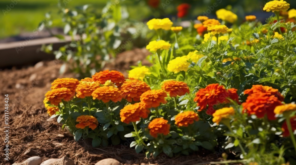 Vibrant Marigolds in a Garden Setting Vibrant Marigolds in a Garden Setting