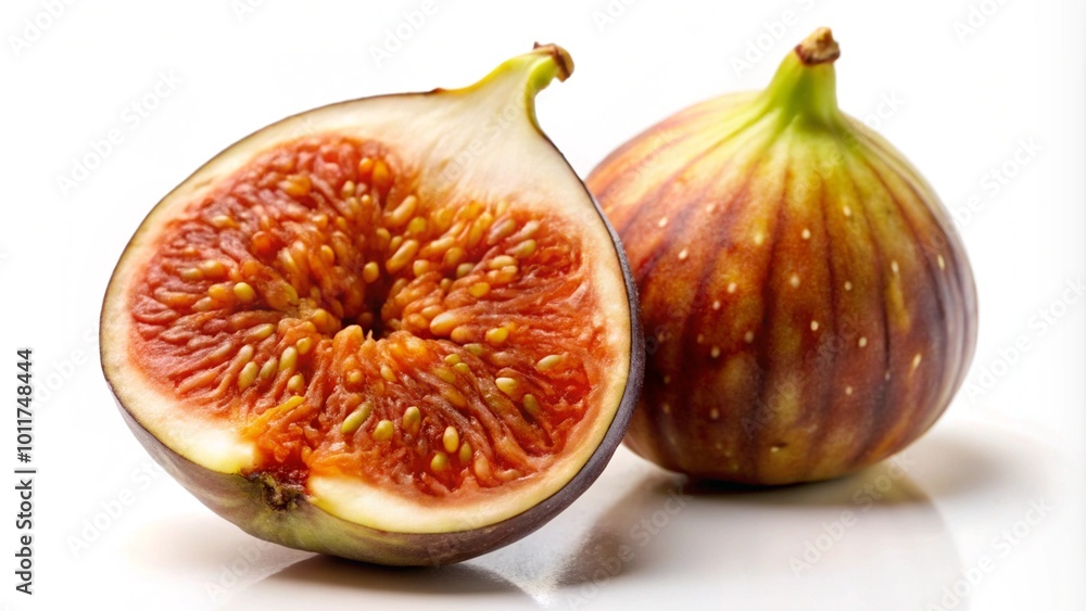 Fresh ripe figs, one cut open, revealing the seeds and flesh, isolated on a white background. Fresh ripe figs, one cut open, revealing the seeds and flesh, isolated on a white background.