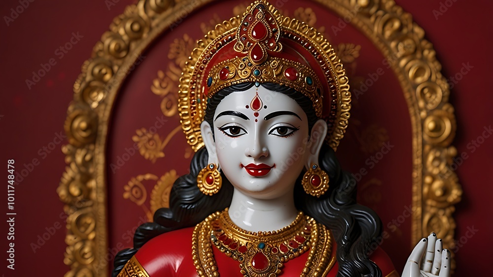 A beautifully decorated Durga idol adorned with traditional jewelry and vibrant colors, set against a plain red background symbolizing power and devotion. A beautifully decorated Durga idol adorned with traditional jewelry and vibrant colors, set against a plain red background symbolizing power and devotion.