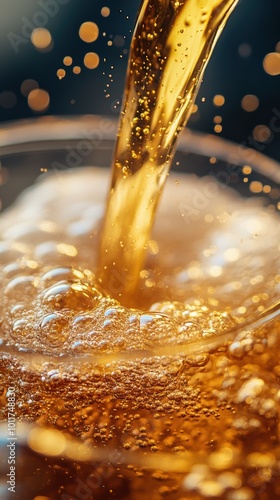 A close-up shot of golden beer being poured into a glass, capturing the rising bubbles and foam, with a dynamic and refreshing feel. photo