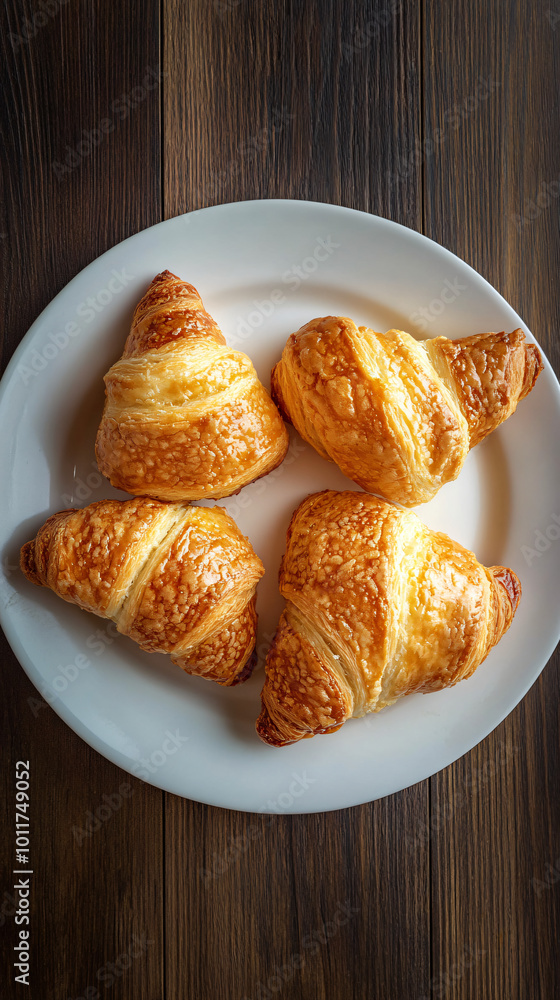Four delicious golden brown croissants are sitting on a white plate on a dark wooden table Four delicious golden brown croissants are sitting on a white plate on a dark wooden table