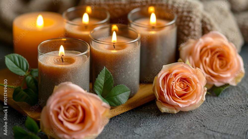 Lit candles with pink roses on a wooden tray creating a cozy spa ambiance Lit candles with pink roses on a wooden tray creating a cozy spa ambiance