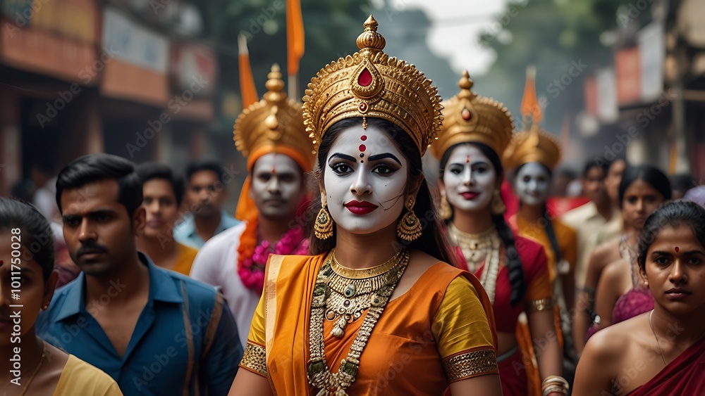 A vibrant procession during Dussehra with people dressed in traditional costumes, carrying statues of Lord Ram, Laxman, and Sita, marching through the streets on a clear day. A vibrant procession during Dussehra with people dressed in traditional costumes, carrying statues of Lord Ram, Laxman, and Sita, marching through the streets on a clear day.