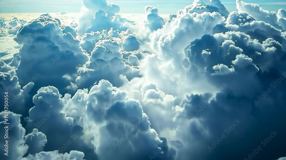 A view of puffy clouds from an airplane window A view of puffy clouds from an airplane window