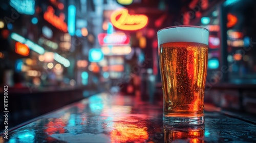 A pint of beer with foam sits on a bar counter, reflecting colorful neon city lights in a blurred, vibrant urban nightlife setting. photo