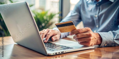 Closeup of Man's Hand Holding Credit Card and Typing on Laptop, Online Shopping, E-Commerce, Digital Payment, online shopping ,e-commerce ,digital payment