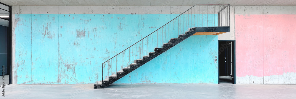 Black metal stairs lead to an upper level against a wall painted in turquoise and pink.