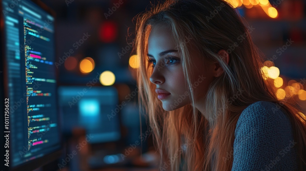 Female Web Programmer Coding On Computer. Software Development, Generative AI Female Web Programmer Coding On Computer. Software Development, Generative AI