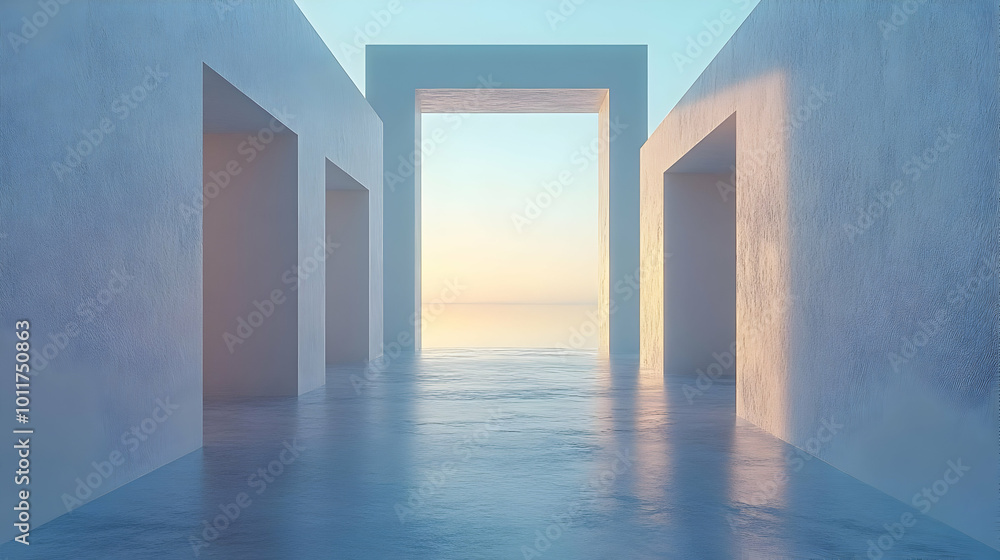 3D Illustration of White Geometric Shapes with a View of a Horizon 3D Illustration of White Geometric Shapes with a View of a Horizon