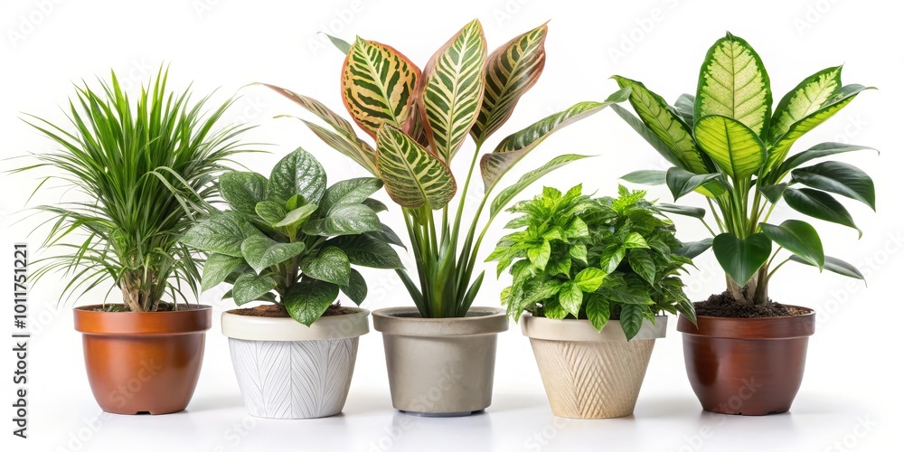 Fototapeta premium Five potted plants with different colored leaves and textures arranged in a row, white background, home decor, houseplants, indoor plants