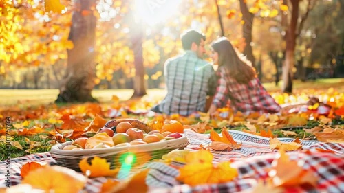 Young couple man and woman sitting on blanket on open lawn, autumn picnic in sunny park surrounded by colorful leaves. Thanksgiving day outdoors