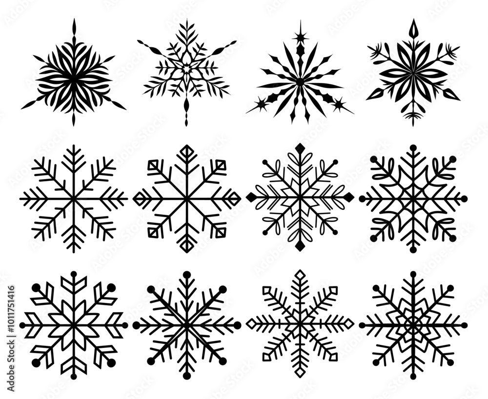 Set of snowflakes different shapes and silhouettes Set of snowflakes different shapes and silhouettes