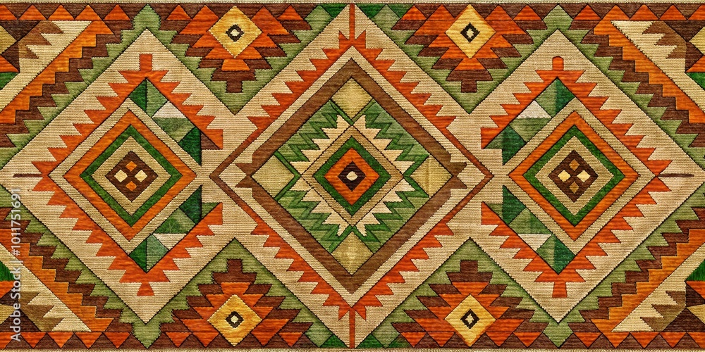 Geometric Tapestry Pattern in Green, Orange, and Brown, Ethnic Rug Design, Woven Textile, Tribal Art, Geometric Pattern Geometric Tapestry Pattern in Green, Orange, and Brown, Ethnic Rug Design, Woven Textile, Tribal Art, Geometric Pattern