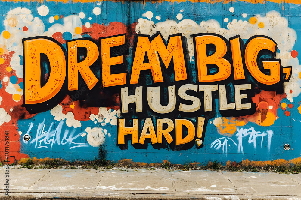 Fototapeta premium graffiti wall abstract background photo pop art backdrop colorful wallpaper Dream Big Hustle Hard