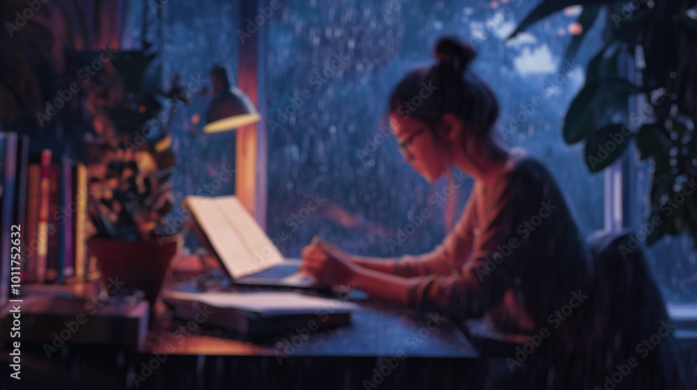blurred interior of teenager's anime room with girl doing her homework blurred interior of teenager's anime room with girl doing her homework