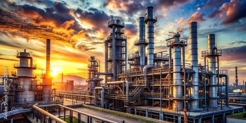 Industrial Sunset A Steel Symphony Against Dramatic Skies, Refinery, Sunset, Industry