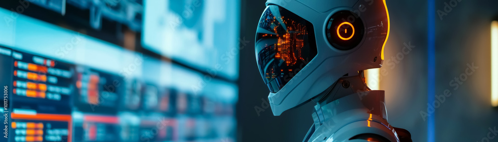 futuristic robot with glowing visor stands in front of high tech control panel, showcasing advanced technology and data analysis. scene evokes sense of innovation and exploration futuristic robot with glowing visor stands in front of high tech control panel, showcasing advanced technology and data analysis. scene evokes sense of innovation and exploration