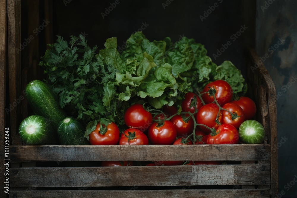 Freshly harvested vegetables in a rustic wooden crate. Vibrant red tomatoes, green zucchini, and leafy greens create a natural display. Perfect for healthy living. Generative AI