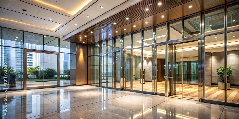 Obraz premium Modern Office Building Entrance with Glass Doors and Shiny Floors, Architecture , Interior Design , Commercial Building