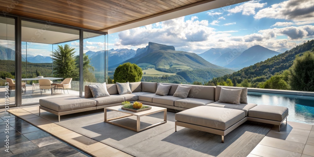 Fototapeta premium Modern Patio with Mountain View and Swimming Pool, Patio Furniture, Outdoor Living , Mountain View, Poolside