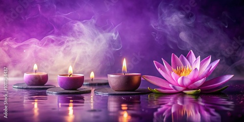 Purple Lotus with Burning Candles on Water Reflection, Relaxation, Spa, Meditation, Wellness