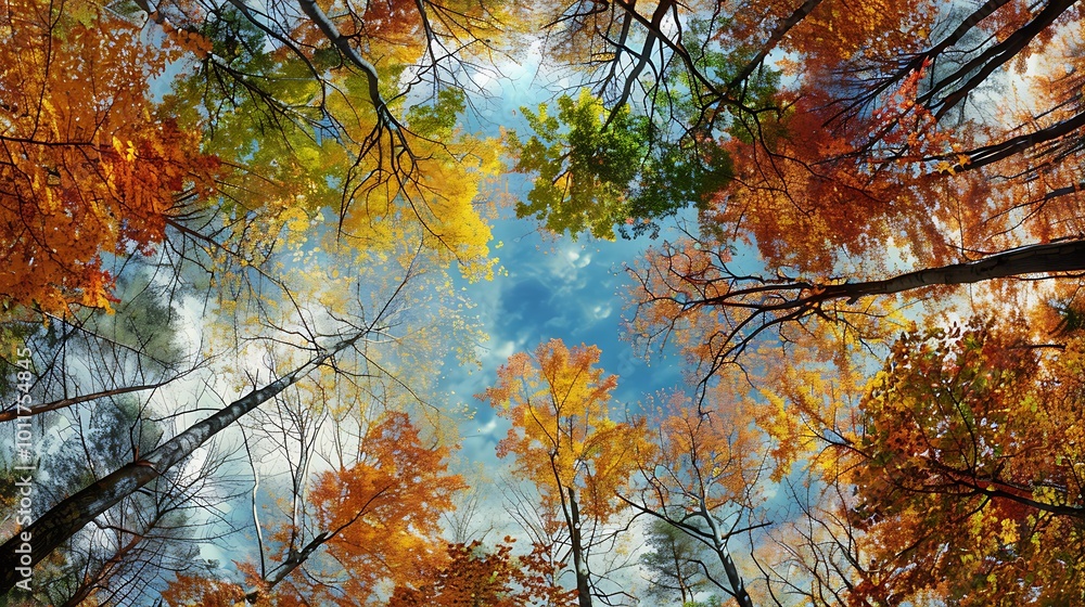A panoramic view of a forest canopy in full autumn colors A panoramic view of a forest canopy in full autumn colors