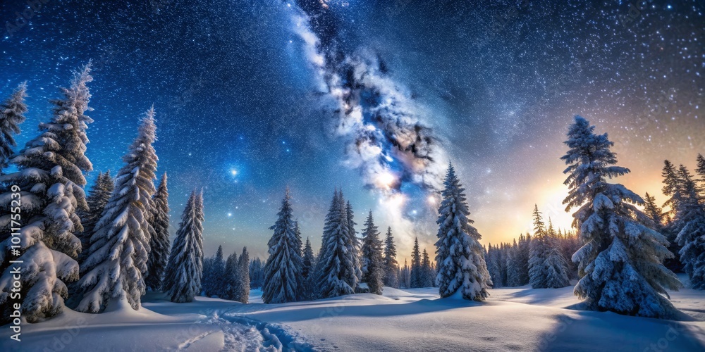 Fototapeta premium Snow-Covered Forest under Milky Way at Dawn, Winter Wonderland, Milky Way Photography, Night Sky, Snow, Forest,