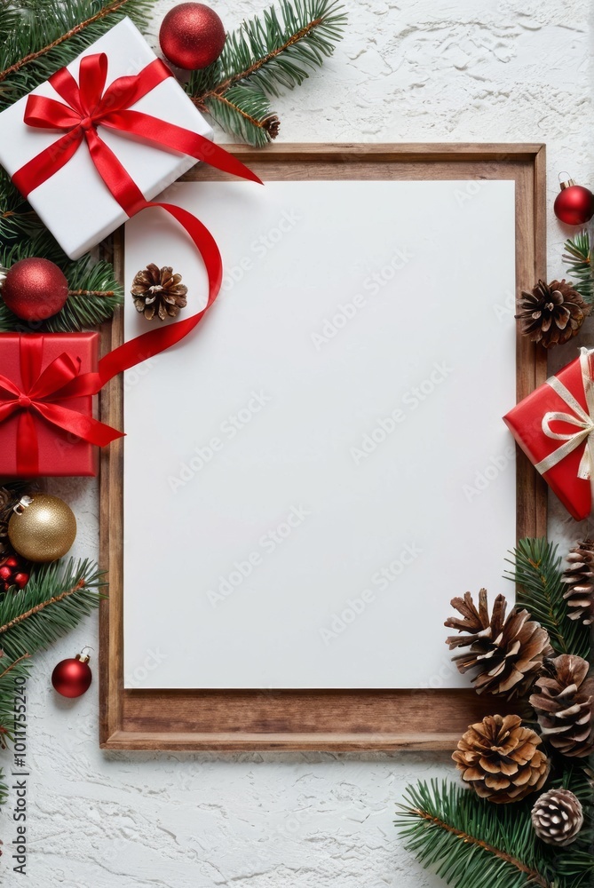blank picture frame, Christmas decorations, pinecones, red and gold ornaments, fir branches, white textured background, festive gift boxes with red ribbons, cozy holiday scene, winter celebration atmo blank picture frame, Christmas decorations, pinecones, red and gold ornaments, fir branches, white textured background, festive gift boxes with red ribbons, cozy holiday scene, winter celebration atmo