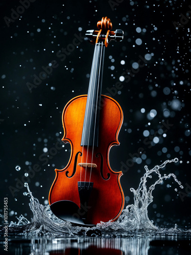 Wallpaper Mural Violin is gracefully decorated with water droplets against a striking black background, creating a stunning visual contrast Torontodigital.ca