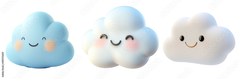 Cute and cheerful cartoon clouds with smiling faces and soft colors isolated on a white background, transparent background. Cute and cheerful cartoon clouds with smiling faces and soft colors isolated on a white background, transparent background.