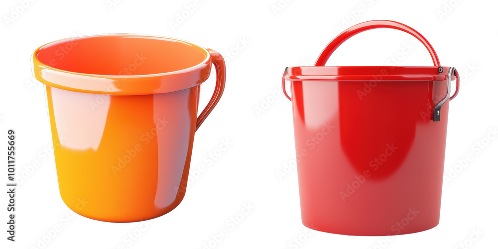 Bright orange and red buckets, isolated on a white background, transparent background. Bright orange and red buckets, isolated on a white background, transparent background.