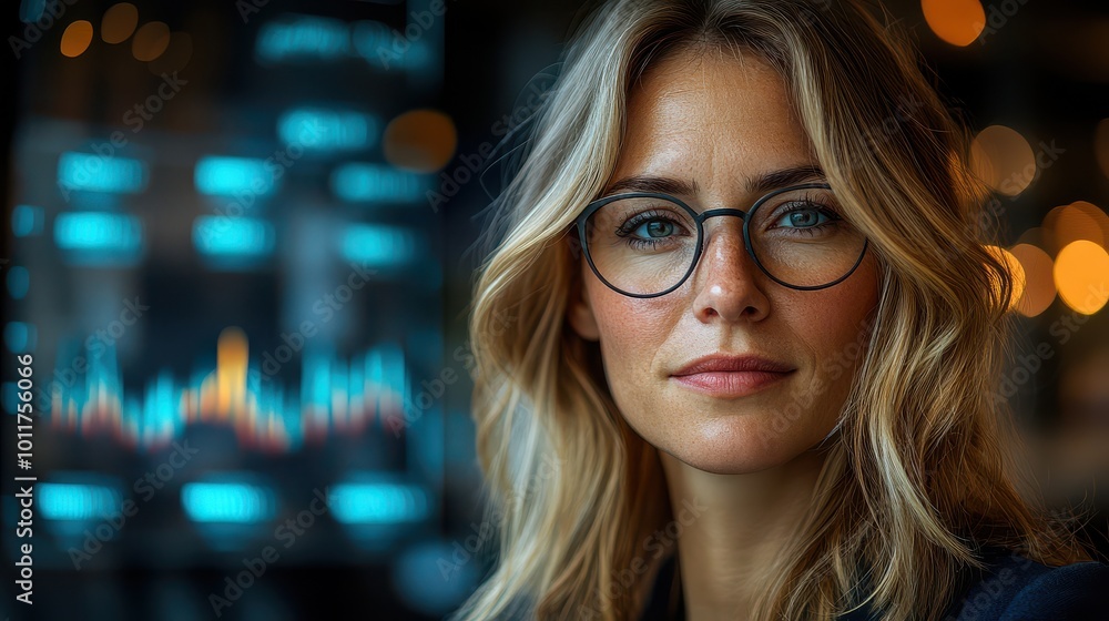 Woman in Glasses with Data Visualization Screen Woman in Glasses with Data Visualization Screen