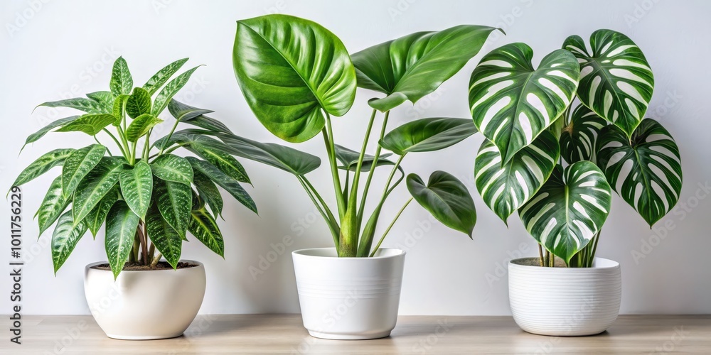 Fototapeta premium Three Potted Plants with White Pots Against a White Wall, Indoor Plants, House Plants, Green Plants, Greenery, Houseplant Decoration, Home Decor