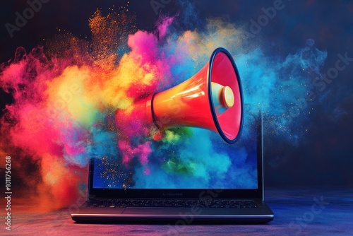 Vibrant Megaphone Bursting from Laptop Screen