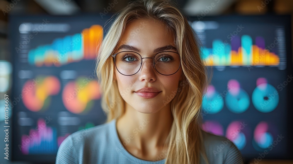 Portrait of a young businesswoman with glasses standing in front of data visualizations Portrait of a young businesswoman with glasses standing in front of data visualizations