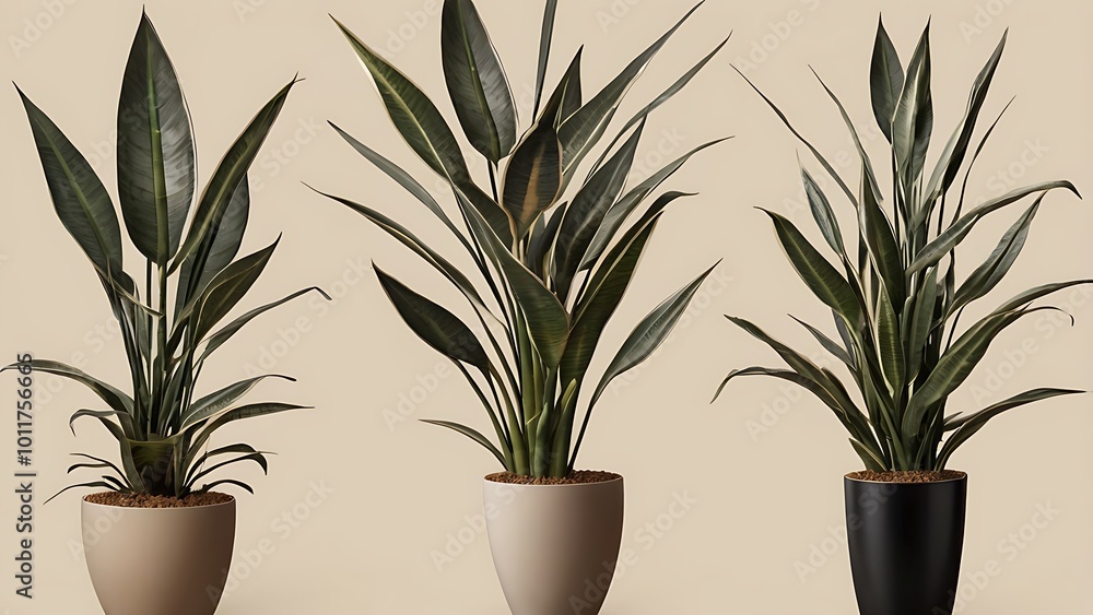 A tall snake plant with upright, sword-shaped leaves against a plain beige background, ideal for any minimalist indoor space. A tall snake plant with upright, sword-shaped leaves against a plain beige background, ideal for any minimalist indoor space.