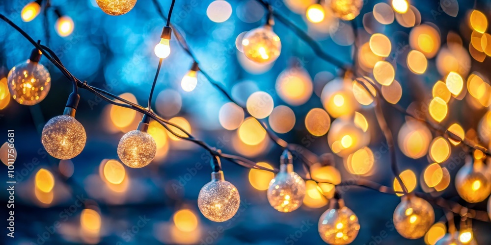 Warm Glow of String Lights on Blue Background, bokeh, festive, night lights, string lights Warm Glow of String Lights on Blue Background, bokeh, festive, night lights, string lights