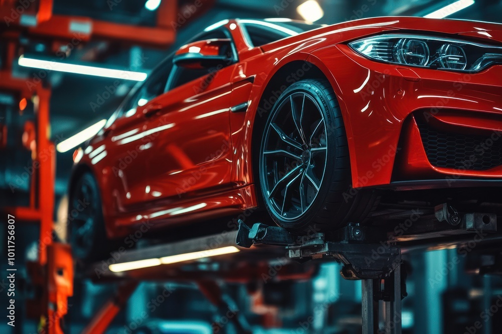 Red Car on Professional Lift in Workshop Setting Red Car on Professional Lift in Workshop Setting
