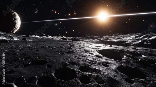 A dark space scene with a planet full of craters.  You can see bright stars and comets in the distance. There's also a satellite orbiting the planet.