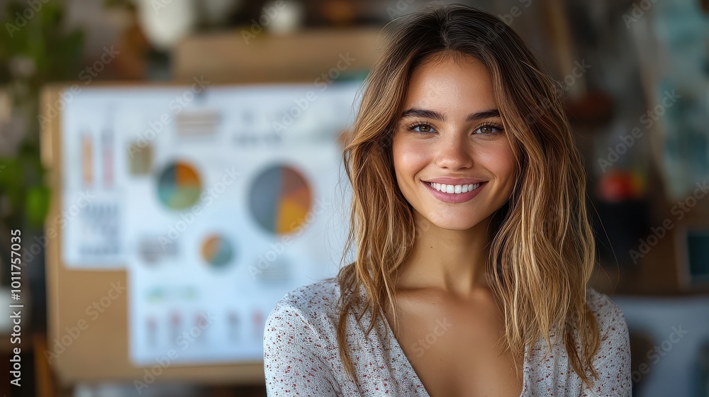 Smiling woman standing in front of charts in a business setting Smiling woman standing in front of charts in a business setting