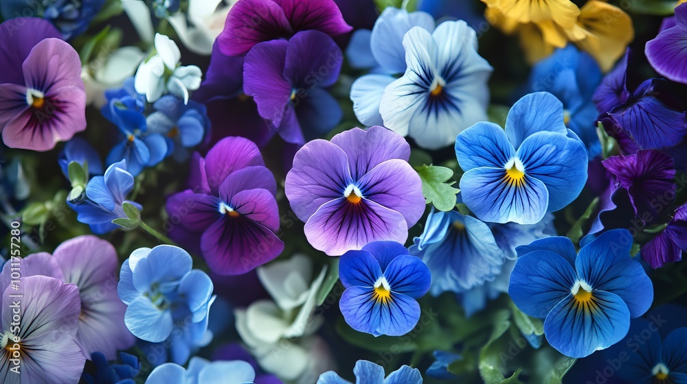 A close-up shot of a background with a bouquet of blue and purple spring and summer flowers, including violets and pansies. The background is blurry, giving the effect of a postcard. A close-up shot of a background with a bouquet of blue and purple spring and summer flowers, including violets and pansies. The background is blurry, giving the effect of a postcard.