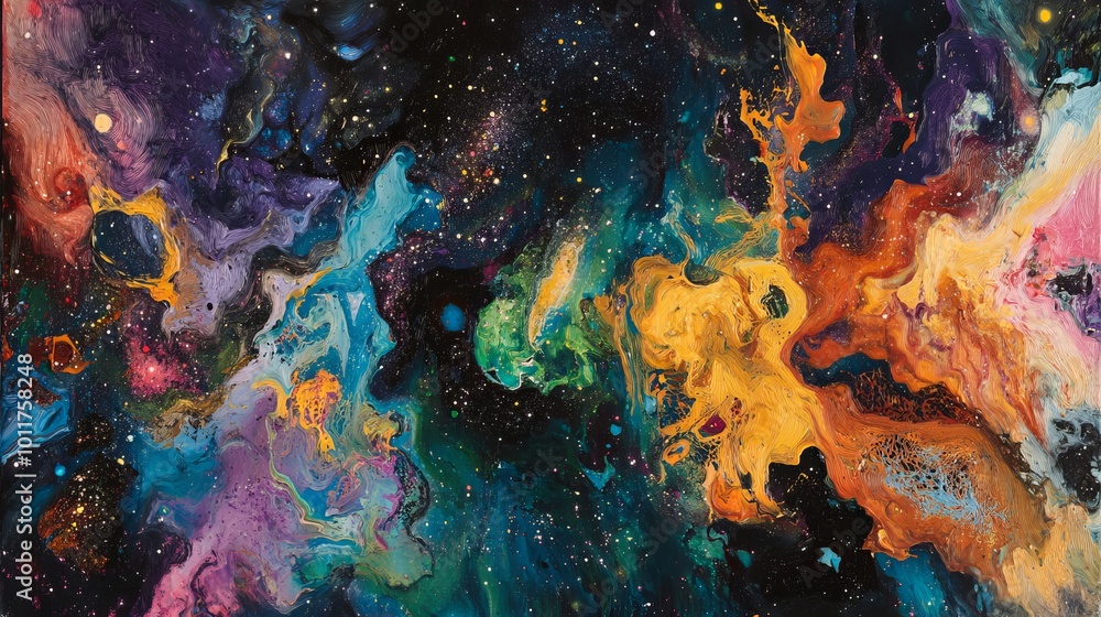 A colorful painting of space, showing a galaxy filled with stars. A colorful painting of space, showing a galaxy filled with stars.