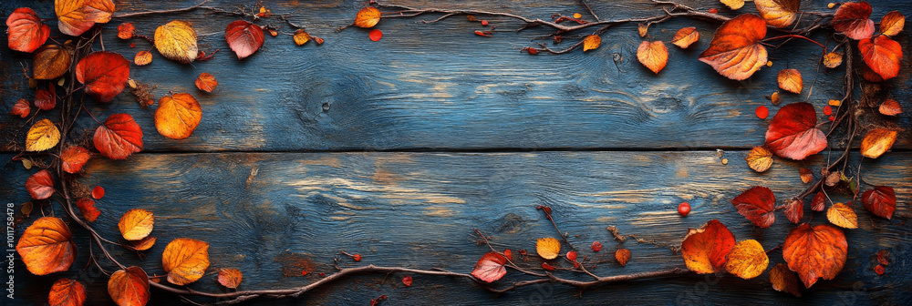 Autumn leaves frame a weathered blue wood background. Autumn leaves frame a weathered blue wood background.