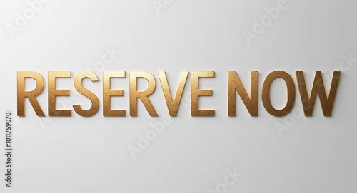 Reserve now word lettering gold hue elegant concept on plain white background