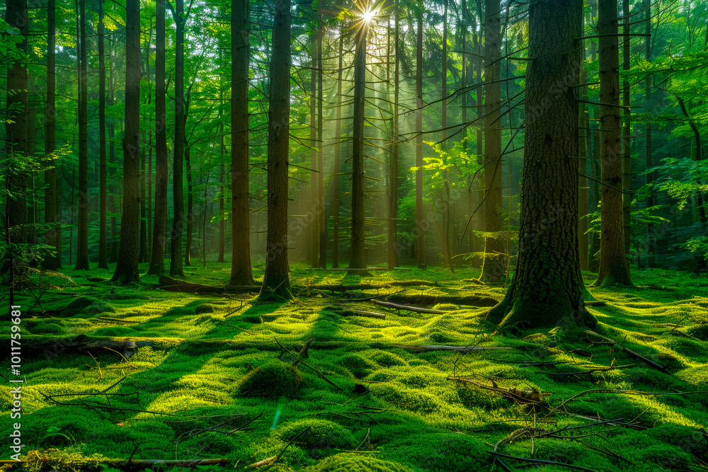 Fototapeta premium Enchanted forest with dappled sunlight. -