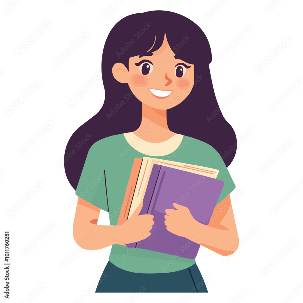 A Cartoon girl holding books with smiling happy face A Cartoon girl holding books with smiling happy face