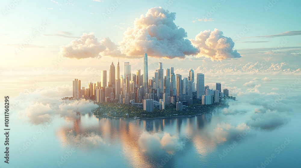 Fototapeta premium Futuristic Cityscapes in the Clouds with Wireless Technology