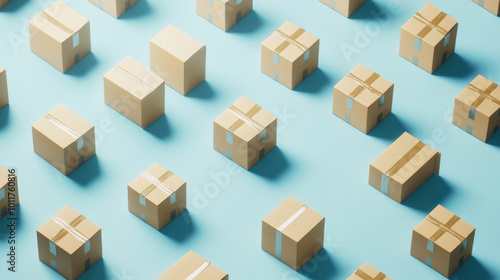 Cardboard boxes arranged in a pattern on light blue background, concept of shipping