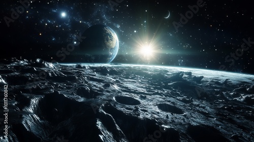 A dark space scene with a planet full of craters.  You can see bright stars and comets in the distance. There's also a satellite orbiting the planet.