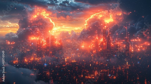 Modern Cityscape at Night with Glowing Data Lines